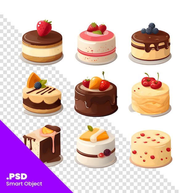 Set of different types of cakes vector illustration in cartoon style psd template