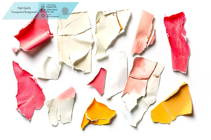 PSD set of differentsized and shaped redcolored scraps on transparent background