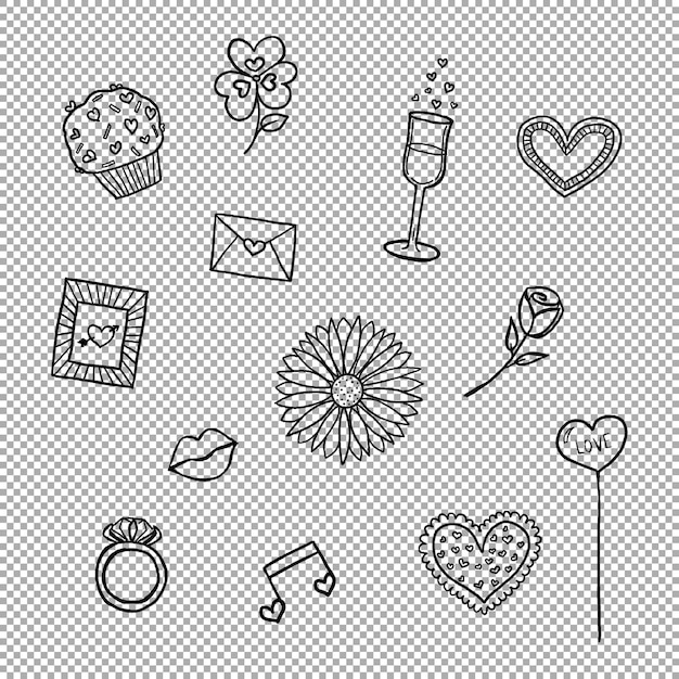 PSD set of drawings of hearts, flowers, lips, ring, frame, cup, bread, musical note and envelope with he