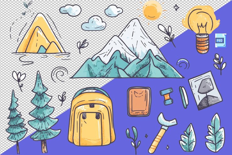 PSD 山地徒步旅行和戶外活動的圖片集 透明背景