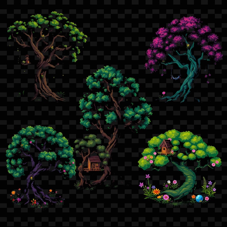 PSD set dryad groves with natural harmony ancient trees with glowing leaves png house element designs