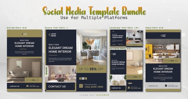 Set of editable Multiple Sizes Social Media template with Interior Design and Furniture theme