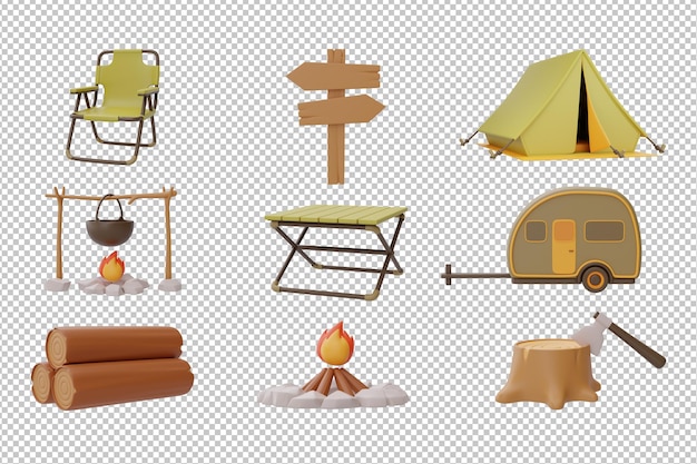 Set elementen voor camping tant klapstoel tafel kampvuur stronk wegwijzer aanhangwagen geïsoleerd 3d-rendering