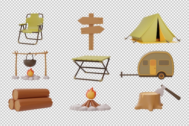 Set elementen voor Camping tant klapstoel tafel kampvuur stronk wegwijzer aanhangwagen geïsoleerd 3D-rendering