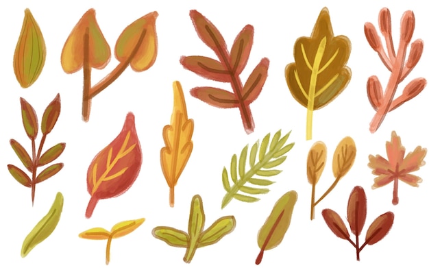 set of fall leaves illustration clipart with watercolor style dry and green leaves illustration