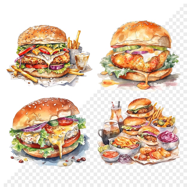 Set of fast food watercolor clip art