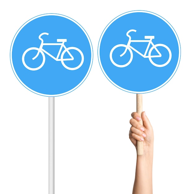 Set fietsbord met een paal en een hand van een persoon op een lege achtergrond Ideaal voor fietsen