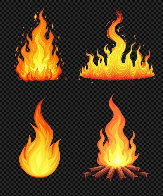 set of fire flames on a black background