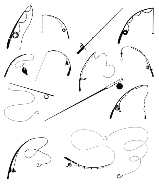 釣り竿のアイコンセット 手描き釣り器具
