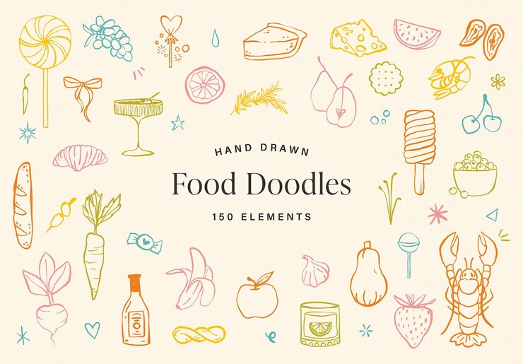 PSD 食料のセット 手描きのドゥードル