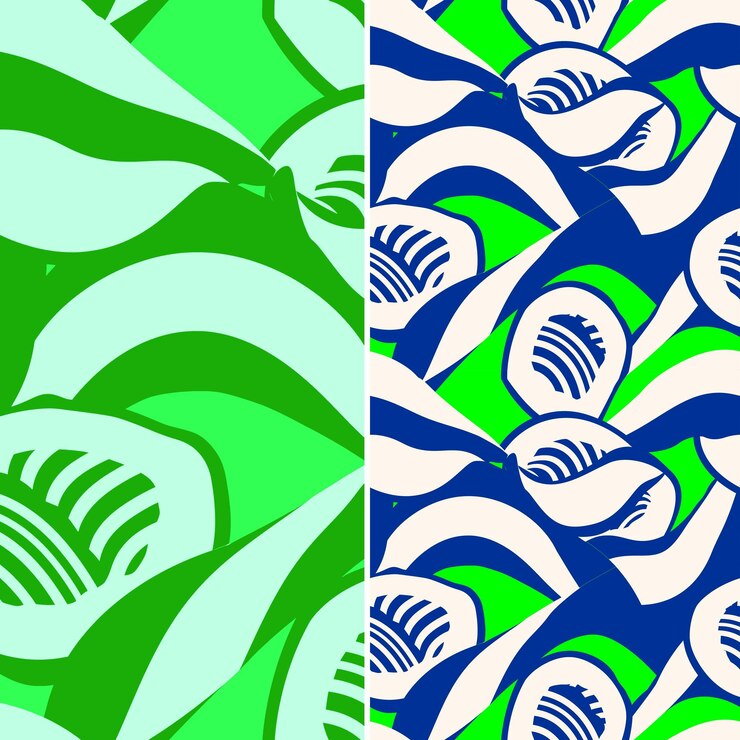 PSD a set of four different images of green and white fish swimming in a blue sea