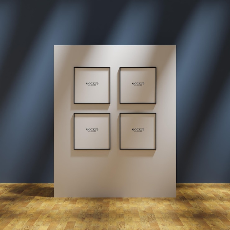 PSD set of four simple frame mockup poster in the art gallery lit by sunlight for your design photo