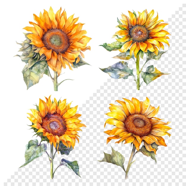A set of four sunflowers on a transparent background