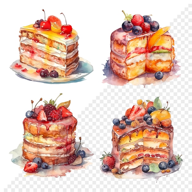 PSD a set of four watercolor paintings of cakes with fruits