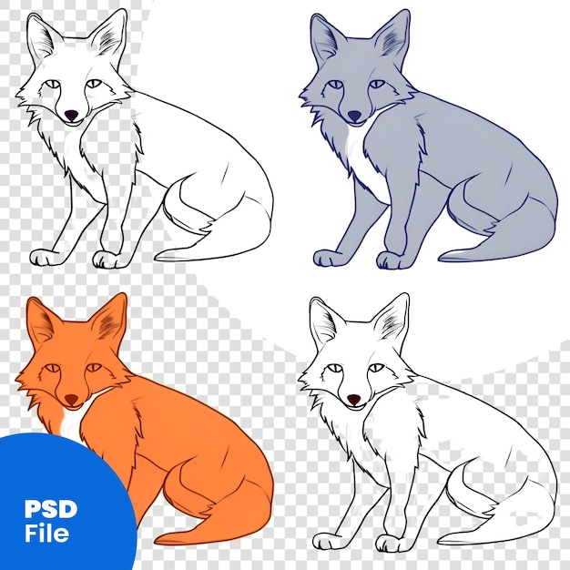 Set of fox in different colors and contours on a white background psd template