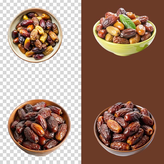 A set of fresh dates in a bowl isolated on transparent background