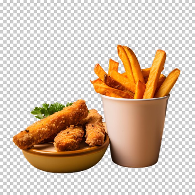 Set fried chicken and french fries isolated on transparent background