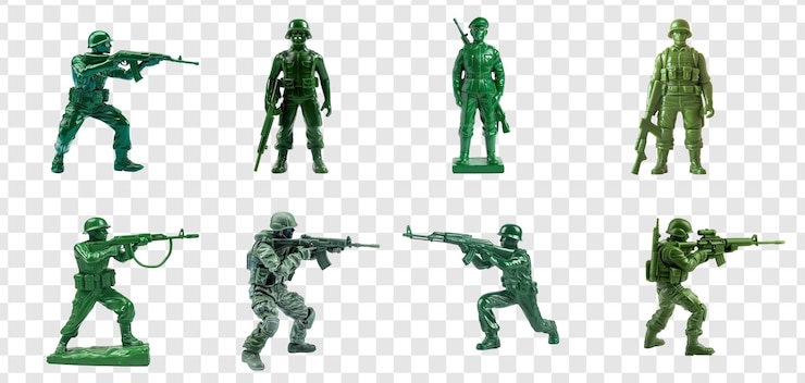 PSD 透明な背景のpsdを狙う緑色のおもちゃ兵士の全身セット