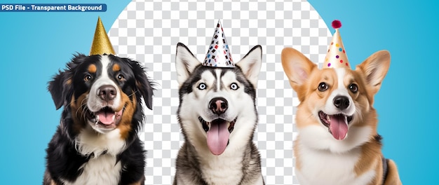 Un set di cani divertenti con cappelli da festa e un cane con un cappello di compleanno