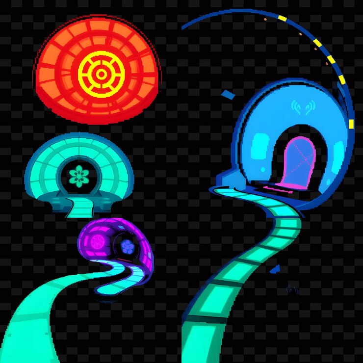 PSD set futuristic domes with bioluminescent pathways translucent walls glo png house element designsw