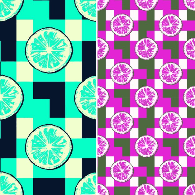 A set of geometric patterns with lemons and purple and pink squares