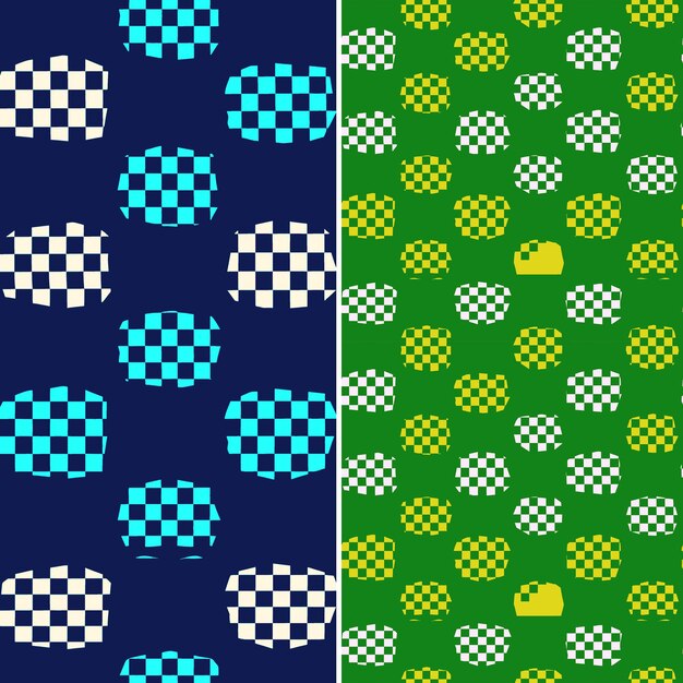 A set of geometric patterns with the yellow and green dots