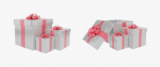 Set gift boxes with pink bow and ribbon elements set isolated on white background