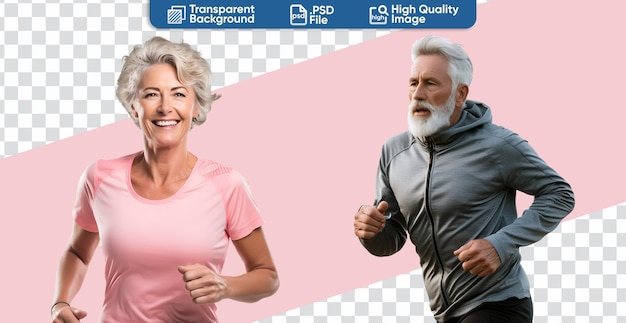 Set of gleeful elderly pairs running and adopting a healthy lifestyle for longevity mature