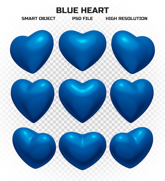 PSD set of glossy blue hearts in high resolution with many perspectives for decoration