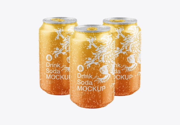 PSD set glossy metallic can with drops mockup 3d render