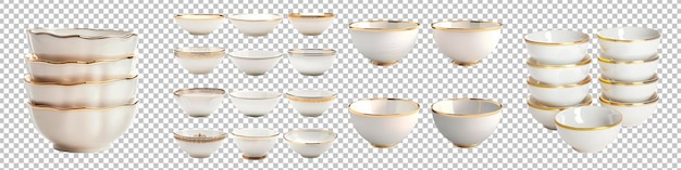 PSD set of glossy porcelain bowls with delicate gold trim set isolated on transparent background