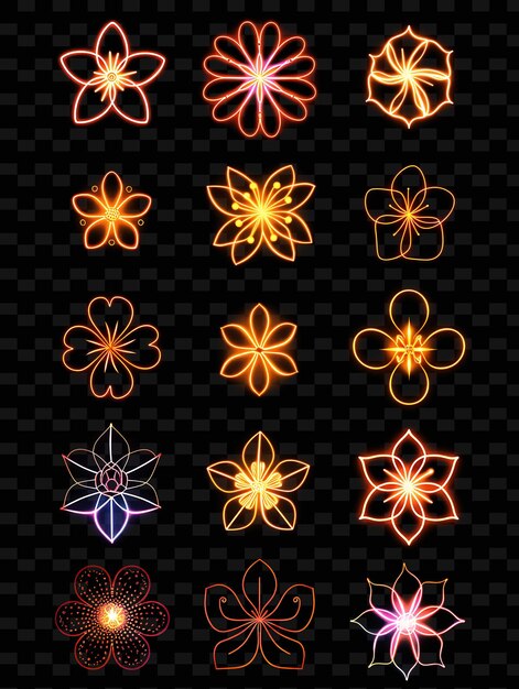 PSD a set of glowing flowers with orange and purple colors