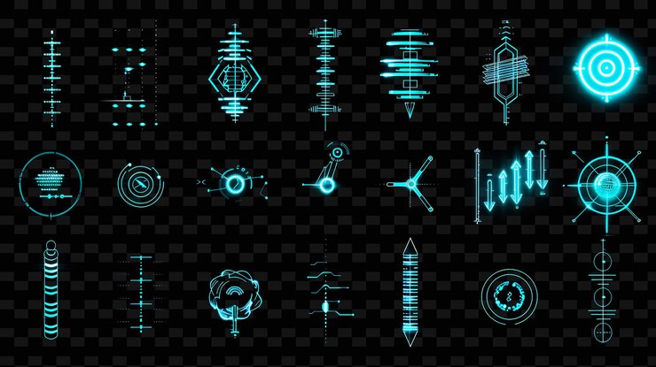 PSD a set of glowing symbols on a black background