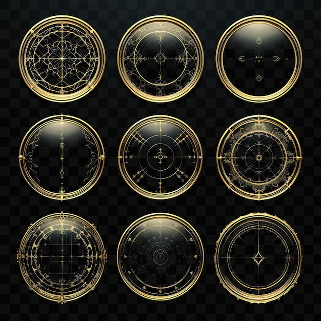 Una serie di cerchi dorati e neri con uno sfondo nero e un disegno bianco e nero