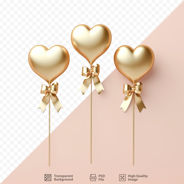 A set of gold heart balloons with gold ribbon and a pink background.