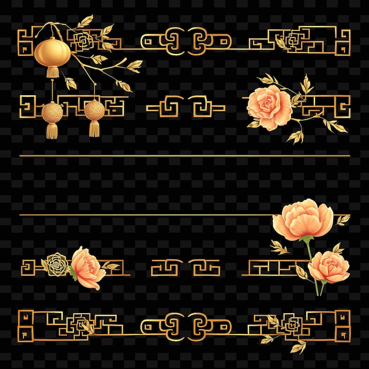 PSD set of golden bells lucky knots bamboo shoots and peony petals rose gold with light beige clas