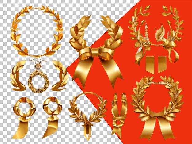 Set di nastri d'oro, corone di alloro di diverse forme su sfondo trasparente