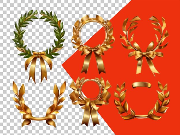 Set of golden ribbons laurel wreaths of different shap on transparent background