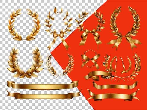 PSD set of golden ribbons laurel wreaths of different shap on transparent background