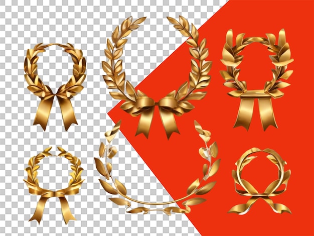 Set of golden ribbons laurel wreaths of different shap on transparent background