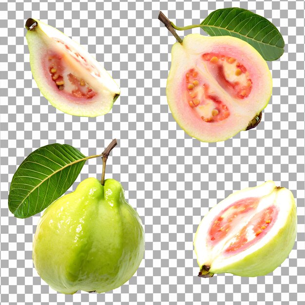 Set guava fruit and sliced on isolated transparent background