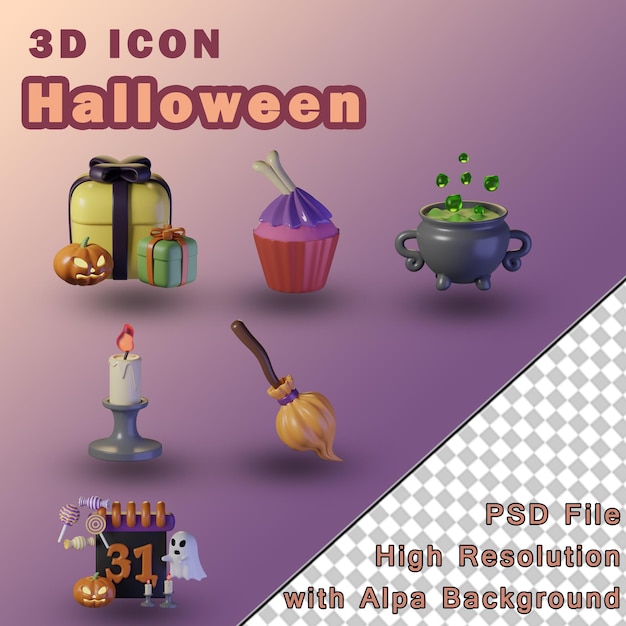 PSD set of halloween items isolated on transparent background 3d illustration high resolution