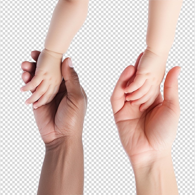 A set of Hand holding baby hand isolated on transparent background