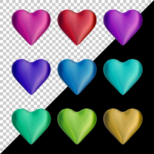 Set of heart icons or love symbol shapes in 3d render