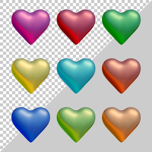 Insieme delle icone del cuore o delle forme di simbolo di amore nel rendering 3d