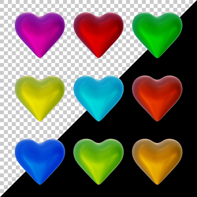 Set of heart icons or love symbol shapes in 3d render