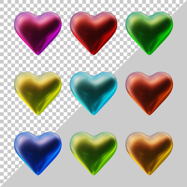 Set of heart icons or love symbol shapes in 3d render