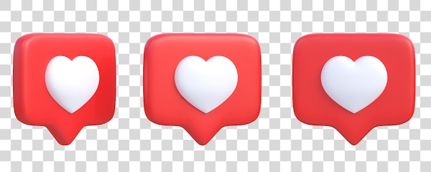 Set of heart in speech bubble icon isolated on a white background Love like heart 3D render