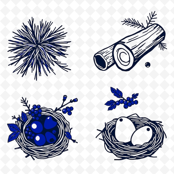 PSD a set of images of blue and white balls and a nest with a blue and white background