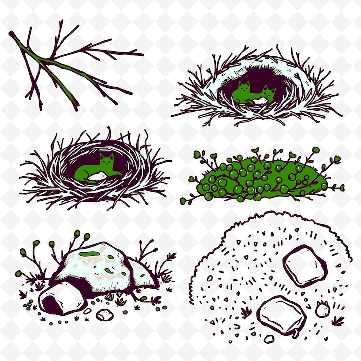 PSD a set of images of a nest with a green egg and a green egg